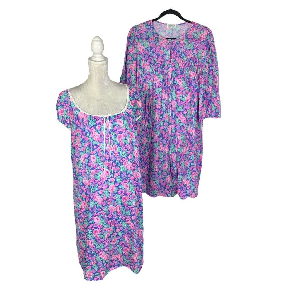 Lorraine Floral‎ Nightgown & Robe Set Cottagecore Blue Pink Green Purple Knit M
